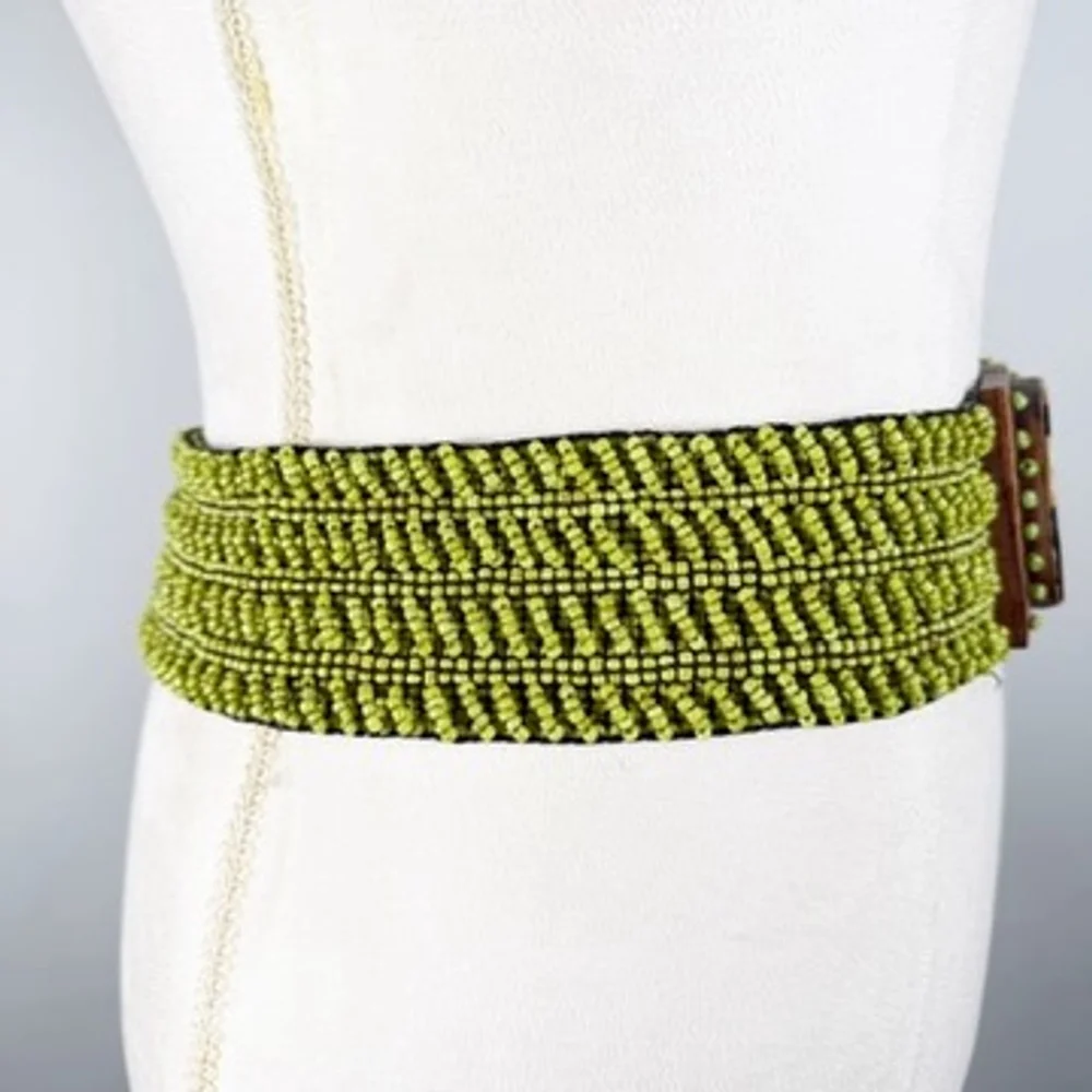 Statement Beaded Lime Green Wide Belt Wood & Mosaic Inlay Buckle Boho Size OS - Picture 6 of 9